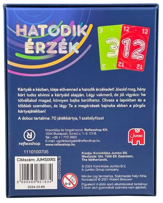 Kártyajáték doboza 'HATODIK ÉRZÉK' címmel. Zöld és piros kártyák számokat mutatnak. Magyar nyelvű szöveget tartalmaz.