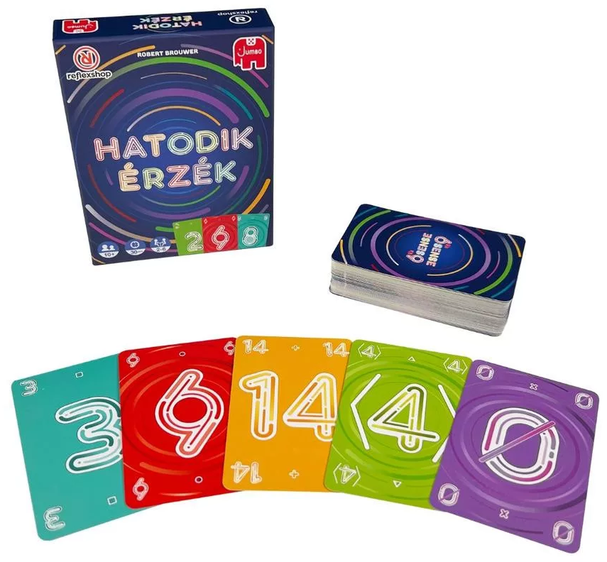 Egy társasjáték doboza és kártyák láthatók. A dobozon a "HATODIK ÉRZÉK" felirat látható. A kártyákon számok és szimbólumok vannak. Egy pakli kártya is látható.