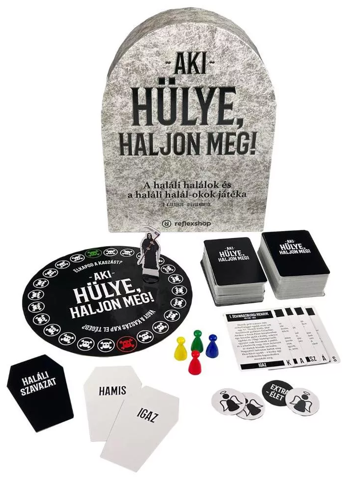 Egy társasjáték sírkővel, kártyákkal, játékelemekkel és kör alakú játéktáblával. A játék címe a sírkövön olvasható.