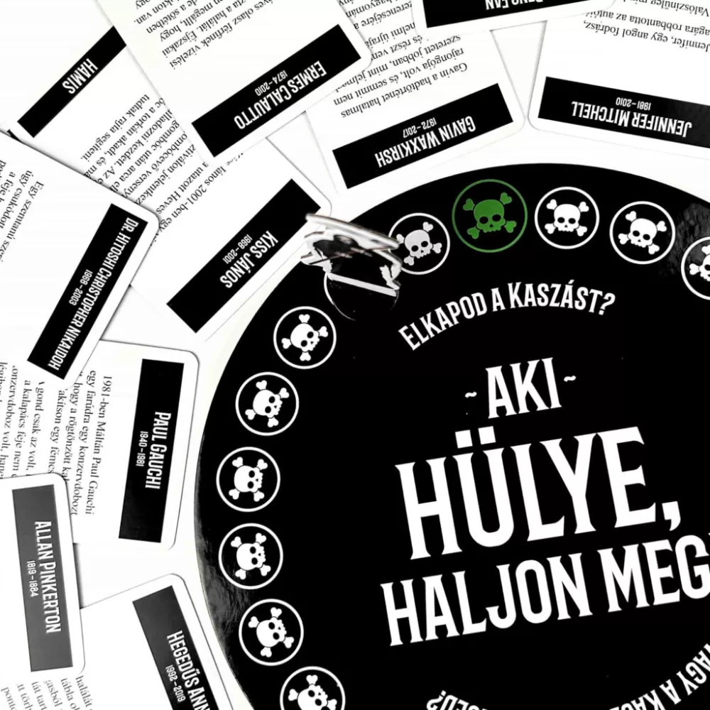 Játéktábla koponyákkal, magyar szöveggel, kártyákkal nevekkel és dátumokkal.