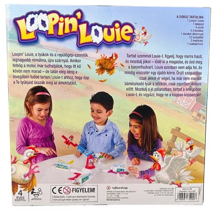 Loopin' Louie játék doboza. Három gyerek játszik, megpróbálva megmenteni a csirkéket egy repülőgép-szerű géptől. Rajzolt csirkék láthatók.