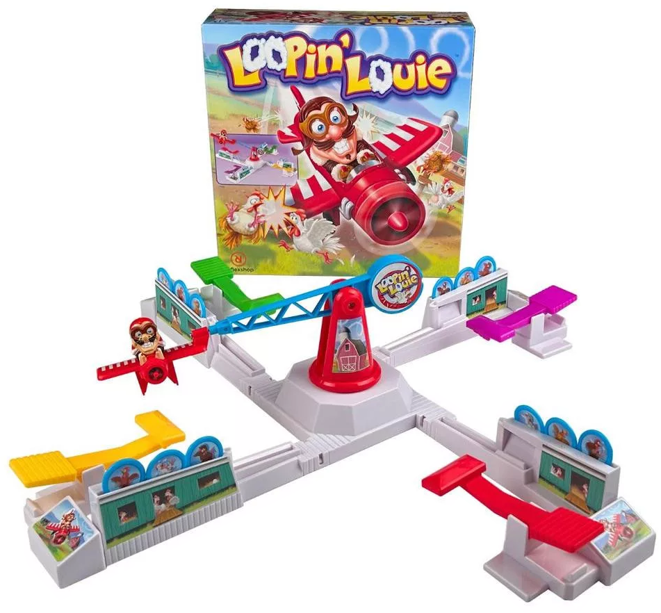 Loopin' Louie játékkészlet. A középpontban egy piros repülőgép található pilótával. A készlet tartalmaz egy dobozt, egy központi tornyot és négy kart.