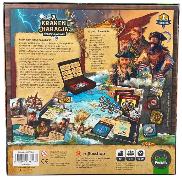 A 'A Kraken's Fury' társasjáték dobozának grafikája. Kalózokat, játéktáblát és játékelemeket ábrázol.