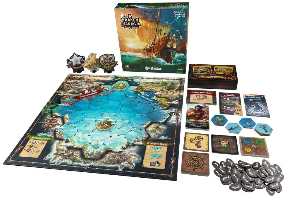 A Kraken Haragja társasjáték. Tartalmaz táblát, kártyákat, zsetonokat, hajó miniatúrákat és hajó illusztrációval ellátott dobozt.