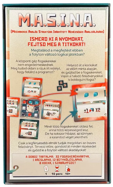 A 'M.A.S.I.N.A.' nevű játék doboza, magyar nyelvű játékinstr. Kártyákat, kockákat és szöveget mutat, a játék részleteivel.