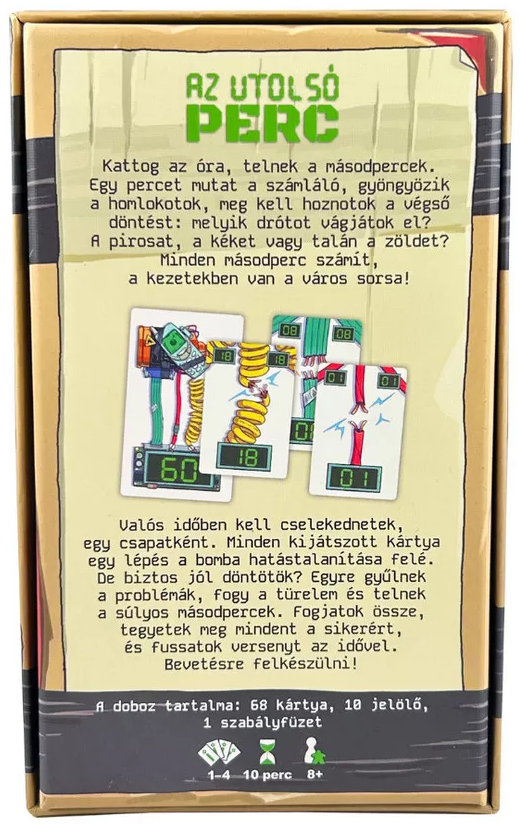 A doboz hátulja, a 'The Last Second' játéknévvel zöld színben. Szöveget tartalmaz a döntéshozatalról és számokkal ellátott kártyákról. Kártyákat és időzítőt tartalmaz.