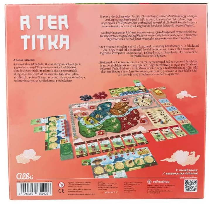 A 'A Tea Titka' társasjáték doboza. Játékdarabokat, kártyákat és szöveget tartalmaz.