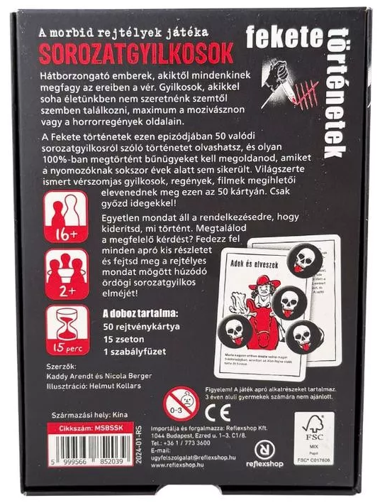 Játékdoboz "Fekete történetek: sorozatgyilkosok" címmel. Koponyák, kés képek és szöveg magyarul.