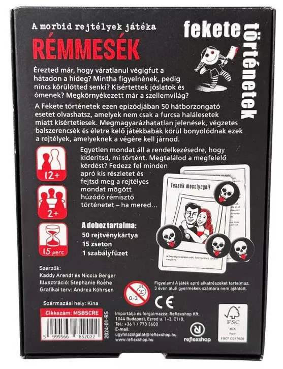 Játékdoboz. Magyar nyelvű szöveg. Cím: Remmesek. Koponyák, egy pár és egy késsel rendelkező személy illusztrációi.