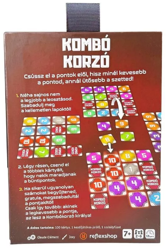 Egy társasjáték dobozának hátulja, a 'Kombó Korzó' címmel. Utasítások és játékelemek, beleértve a kártyákat, láthatók.