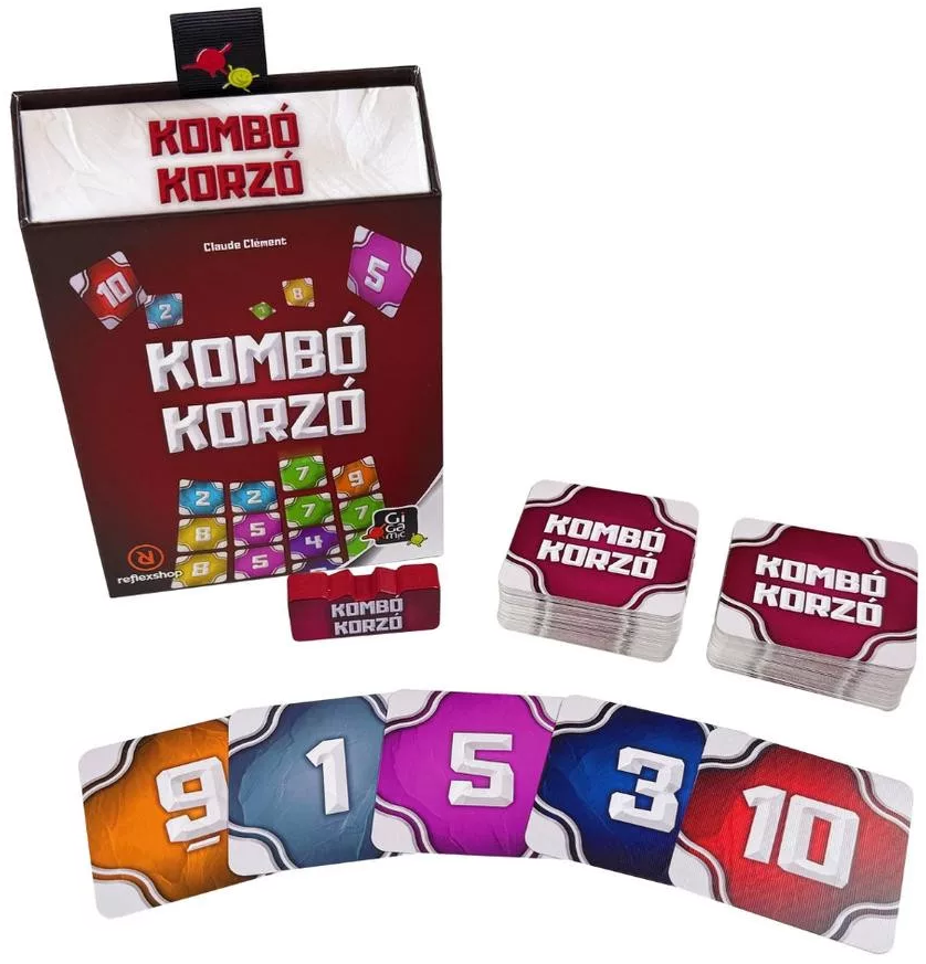 Egy társasjáték doboza és kártyák láthatók. A doboz piros és fehér. Színes számokkal ellátott kártyák vannak elrendezve.