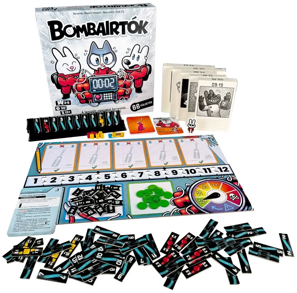 Egy társasjáték doboz rajzfilmfigurákkal, kártyákkal, játéktáblával, zsetonokkal és különféle játékelemekkel. A játék neve: Bombairtok.