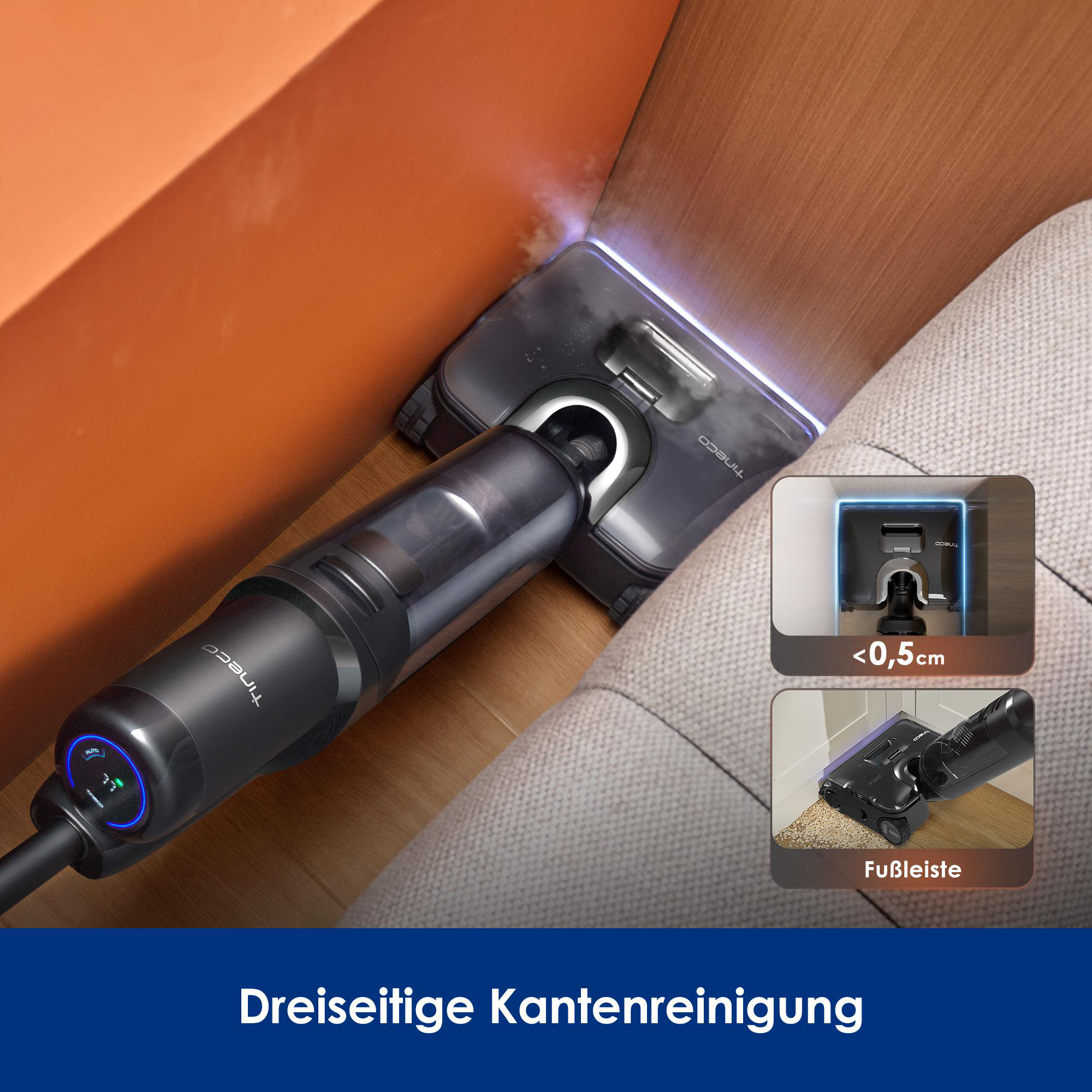 Ein schwarzer Tineco-Staubsauger reinigt eine Ecke neben orangefarbenen Möbeln. Insets zeigen Reinigungsdetails und Kantenreinigung.