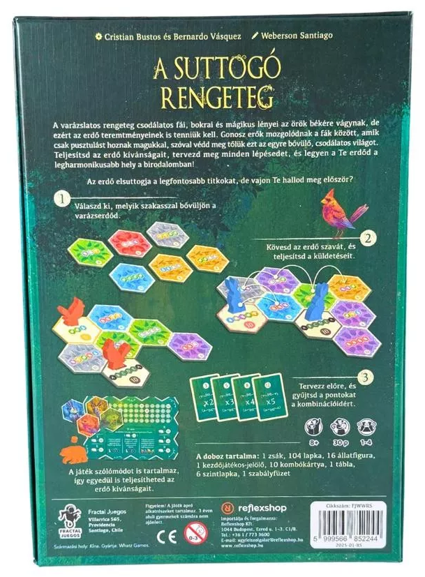 Egy társasjáték dobozának hátulja. Szöveg és játékelemek láthatók. A cím: 'A Suttogó Rengeteg'.