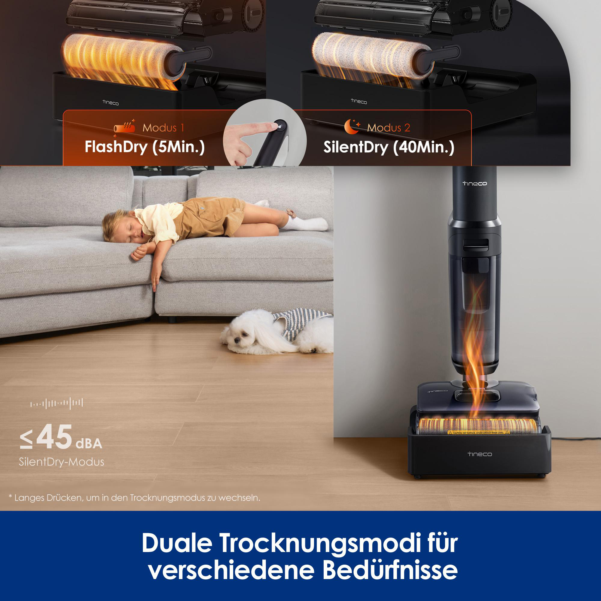 Das Bild zeigt einen Staubsauger mit zwei Trocknungsmodi, ein schlafendes Kind und einen Hund. Die Modi sind FlashDry (5min) und SilentDry (40min).