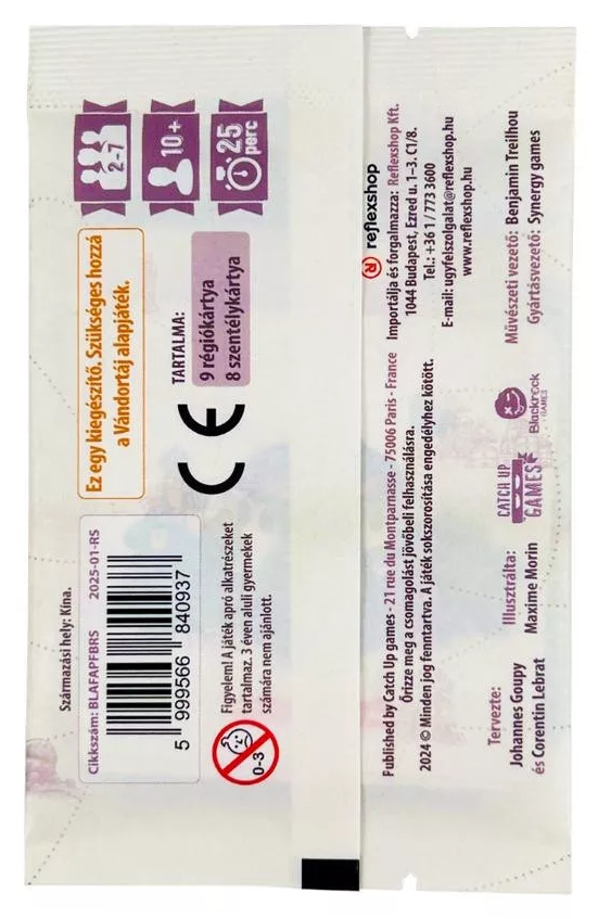 Játékkártya hátlap, fehér háttér, lila szöveg: 2-7 játékos, 10+, 25 perc. Kártyákat tartalmaz. Figyelmeztetés: 3 év alatti gyermekeknek nem ajánlott.