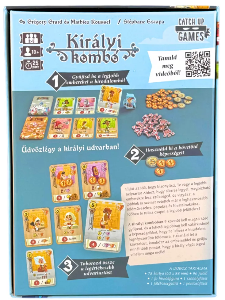 A 'Királyi Kombó' társasjáték doboza. Kártyákat, zsetonokat és magyar nyelvű szöveget tartalmaz, ami egy stratégiai játékra utal.