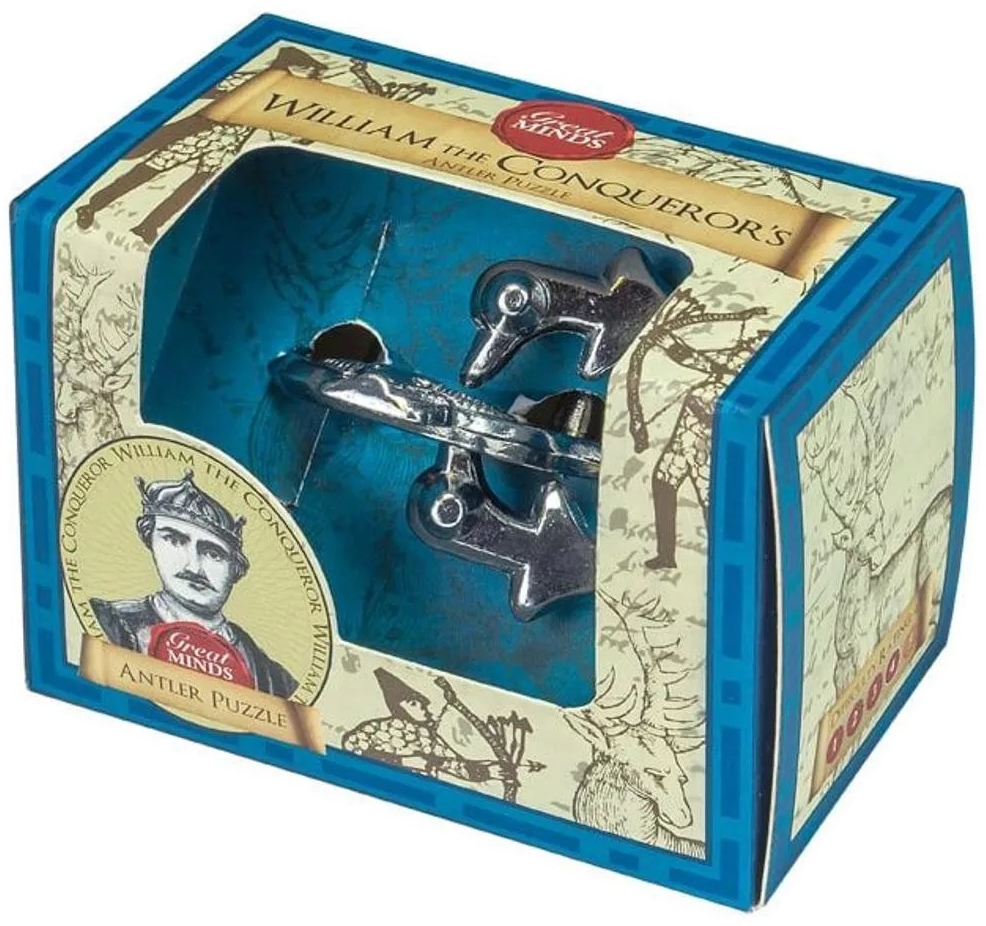 Egy kirakós doboz, rajta a 'William the Conqueror's Antler Puzzle' felirattal. Belül egy ezüst agancs kirakós látható kék háttér előtt.