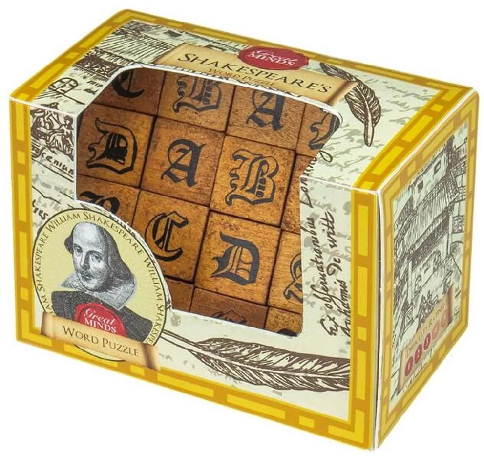 Egy puzzle doboz fa betűblokkokkal. Shakespeare portréja a dobozon van. A "Word Puzzle" szavak láthatók.