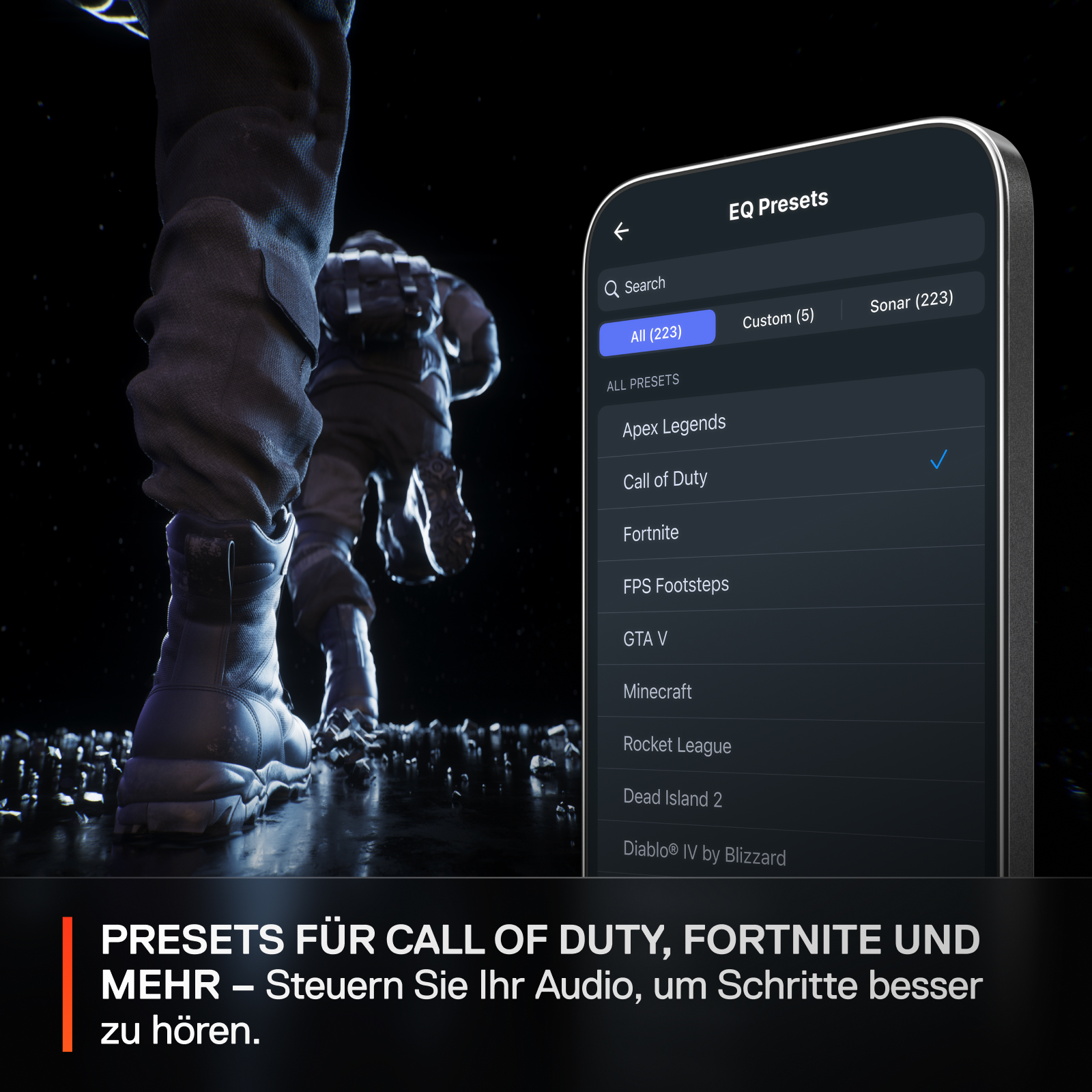 Person in Stiefeln geht auf den Bildschirm zu. Ein Telefon zeigt EQ-Voreinstellungen, Call of Duty hervorgehoben.