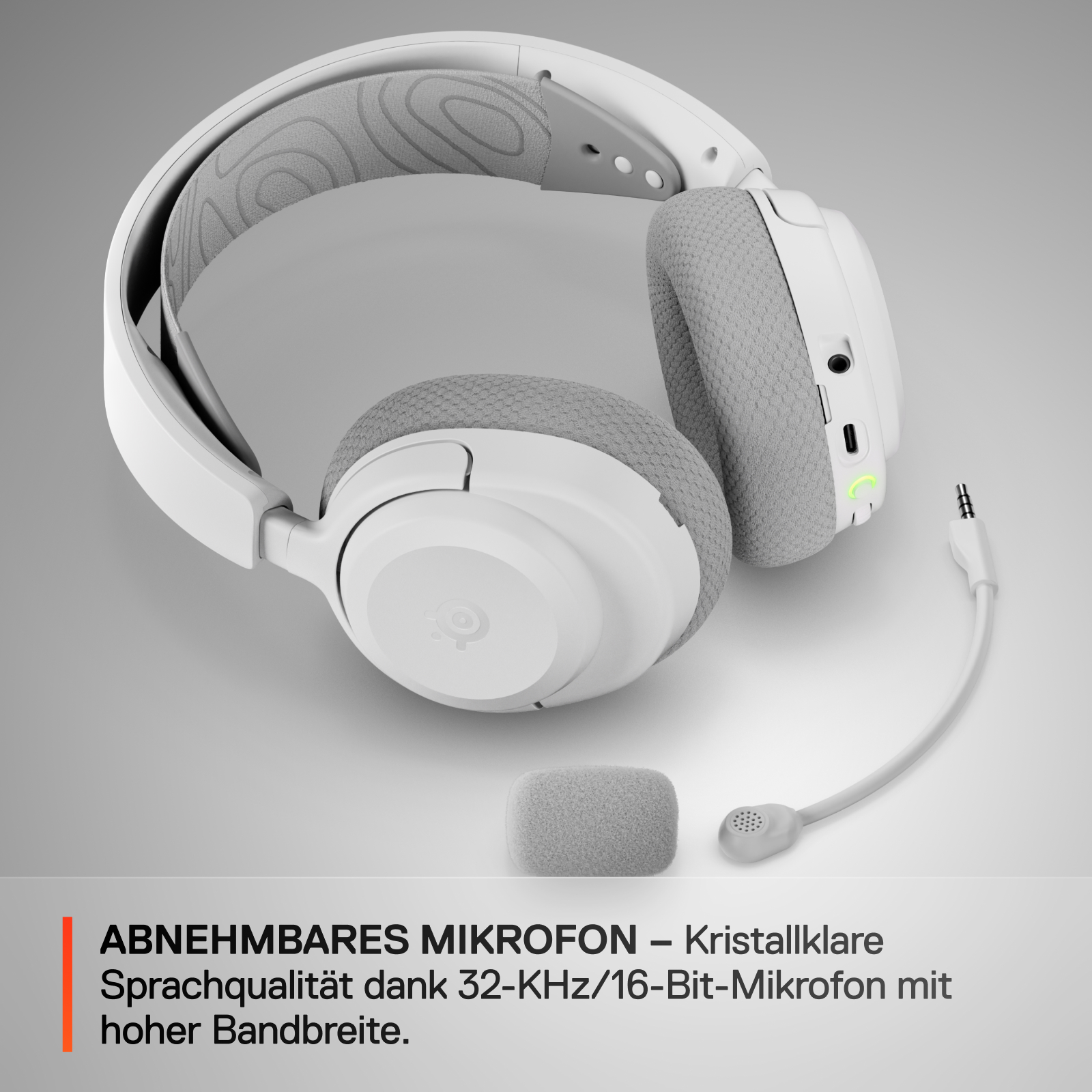 Weiße und graue drahtlose Kopfhörer mit abnehmbarem Mikrofon. Text: Abnehmbares Mikrofon – kristallklare Sprachqualität.