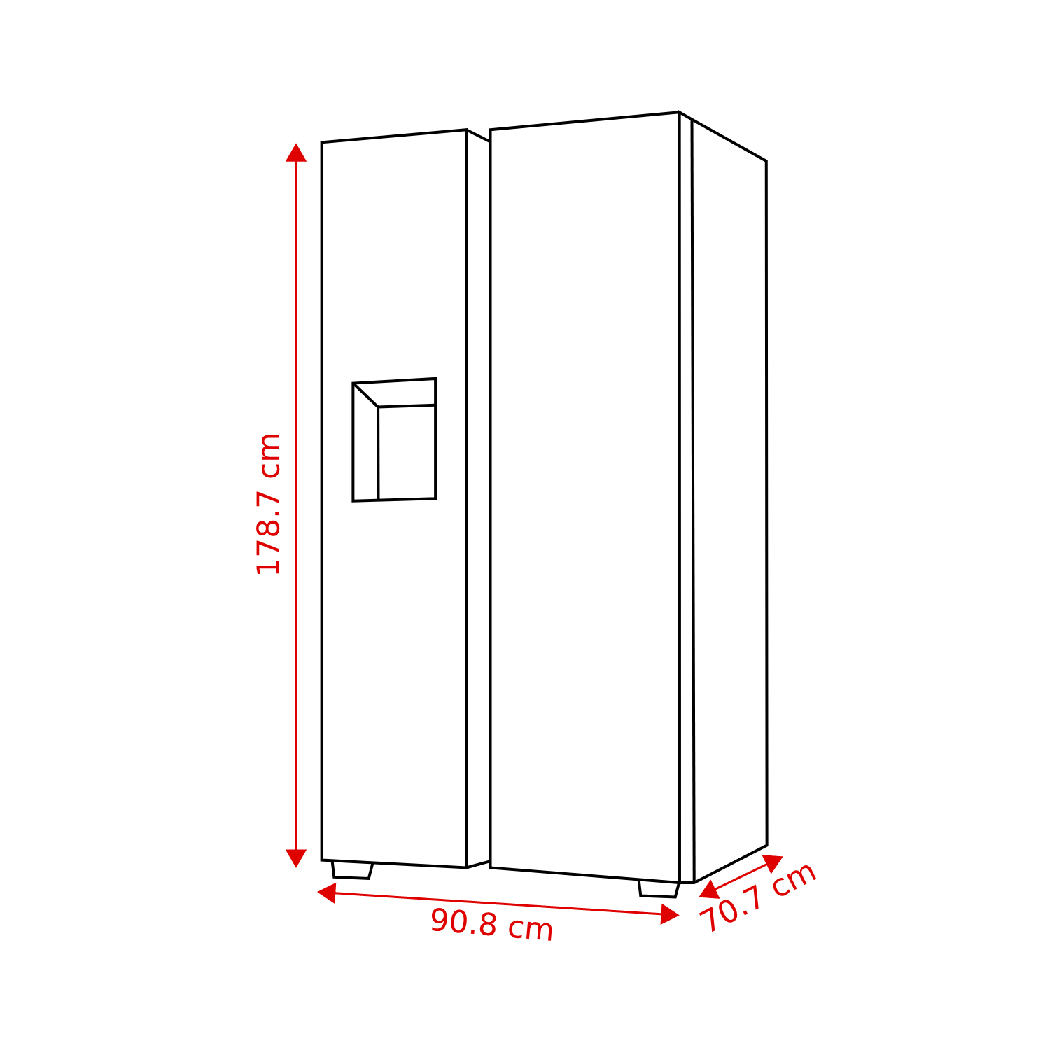 Een side-by-side koelkast met afmetingen aangegeven. Hoogte 178,7 cm, breedte 90,8 cm en diepte 70,7 cm. Een waterdispenser is zichtbaar.