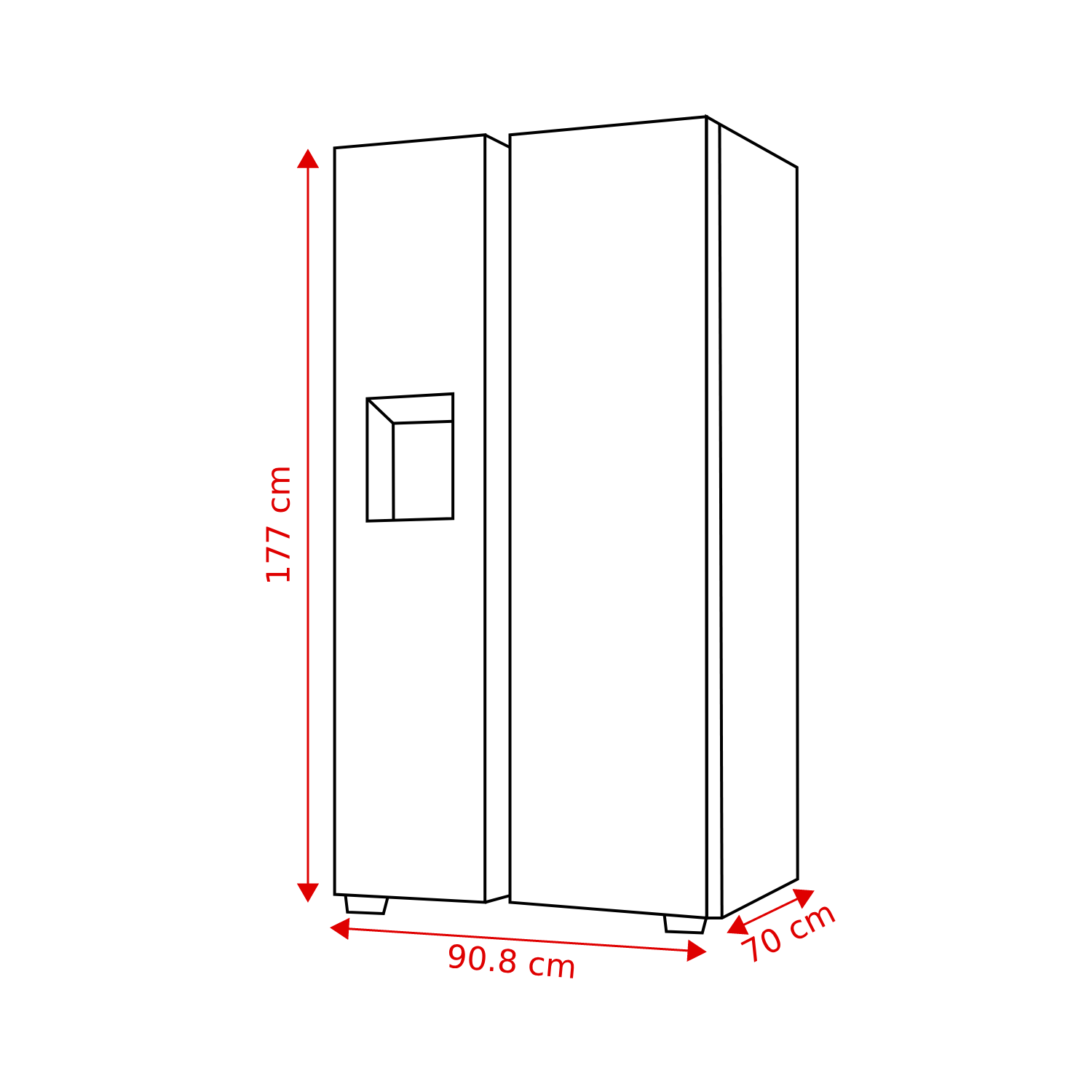 Un schéma d'un réfrigérateur avec dimensions: hauteur 177 cm, largeur 90,8 cm, profondeur 70 cm. Il a un distributeur d'eau.