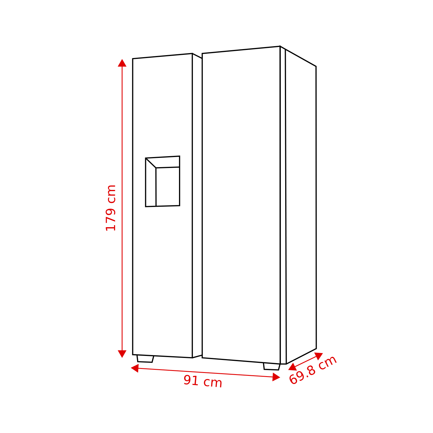 Een omtrek van een koelkast met afmetingen. Hij is 179 cm hoog, 91 cm breed en 69,8 cm diep. Een dispenser bevindt zich op de linkerdeur.