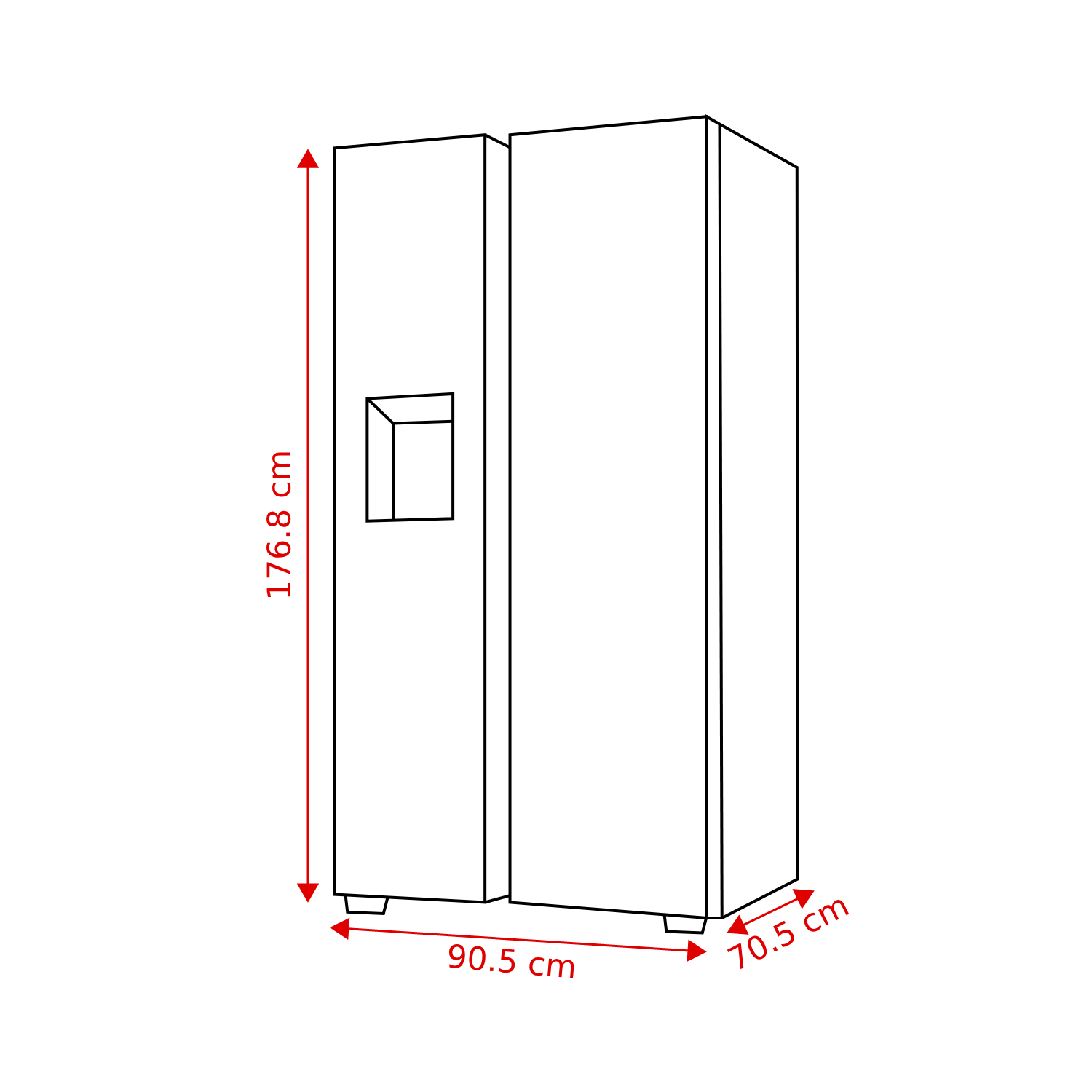 Zij-aan-zij koelkastdiagram met afmetingen. Hoogte 176,8 cm, breedte 90,5 cm, diepte 70,5 cm. Met waterdispenser.