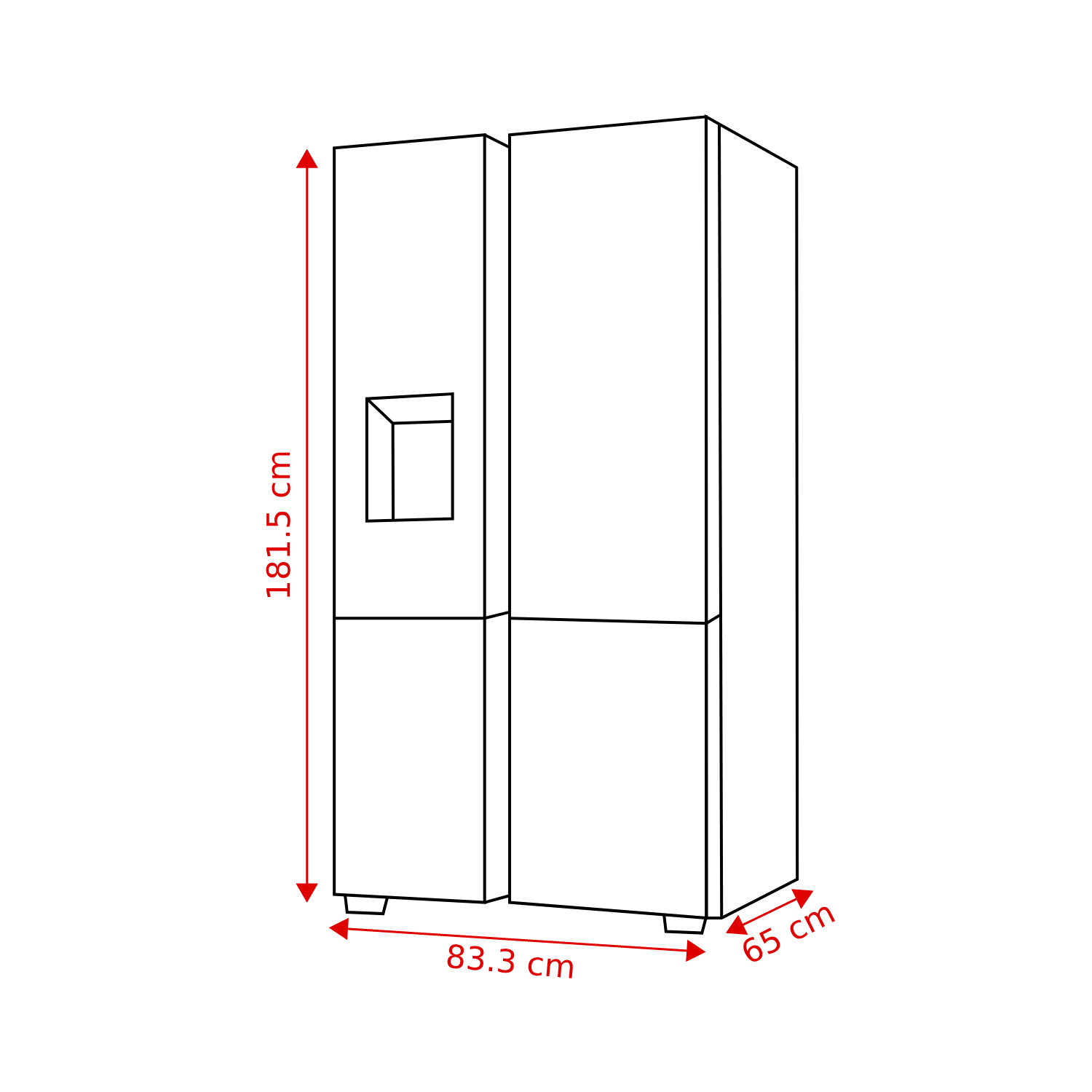 Un réfrigérateur blanc souligné avec dimensions: 181.5 cm de haut, 83.3 cm de large et 65 cm de profondeur. Comprend un distributeur.