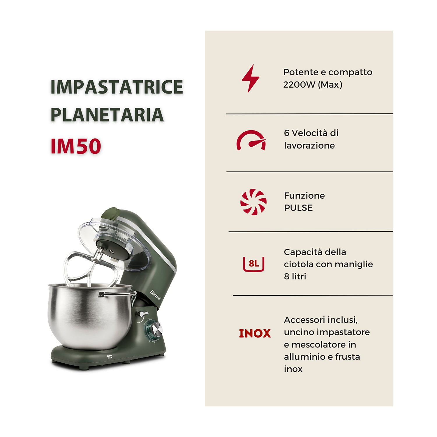 Un'impastatrice planetaria verde con ciotola in acciaio inox. Il testo indica 6 velocità, funzione pulse e capacità 8L.
