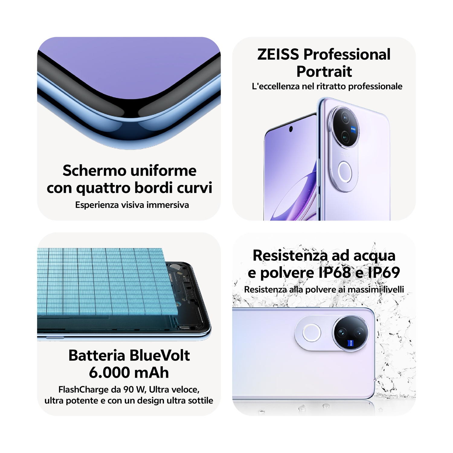 L'immagine mostra un telefono con bordi curvi, una fotocamera e dettagli sulla batteria. Il testo evidenzia caratteristiche come il ritratto professionale e la resistenza all'acqua.