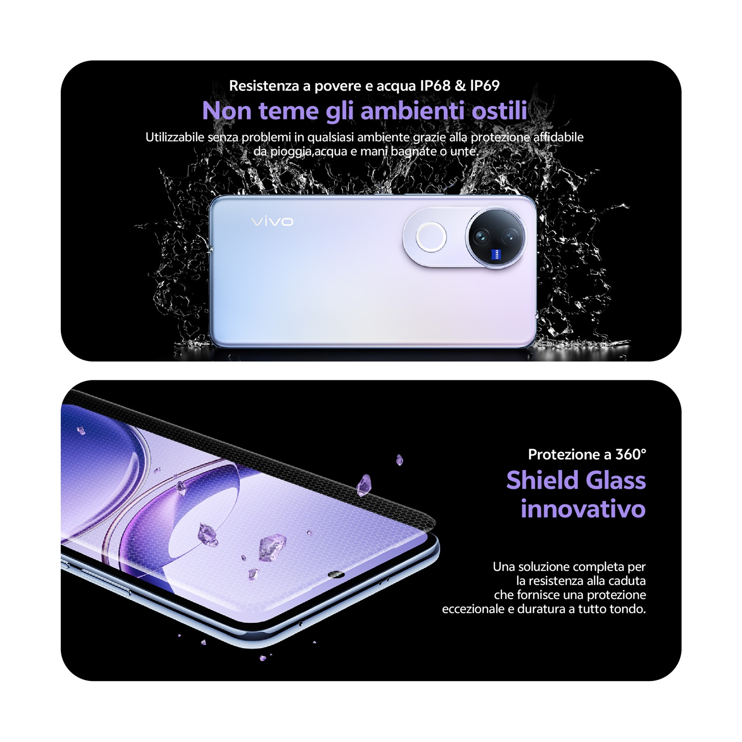 Uno smartphone con schizzi d'acqua e testo sulla resistenza all'acqua. Viene mostrato anche un proteggi schermo con testo sulla resistenza alle cadute.