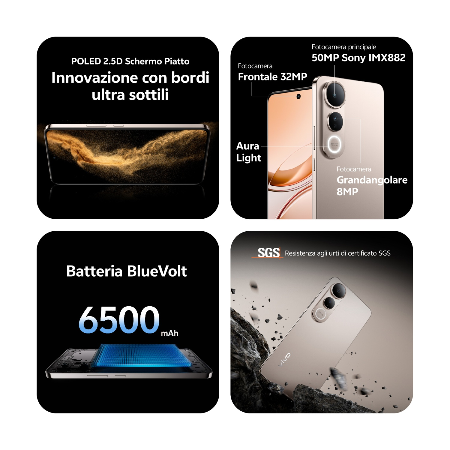 Caratteristiche smartphone: schermo POLED, bordi sottili, fotocamera frontale 32MP, fotocamera principale 50MP, fotocamera grandangolare 8MP, batteria BlueVolt 6500mAh, certificazione SGS.