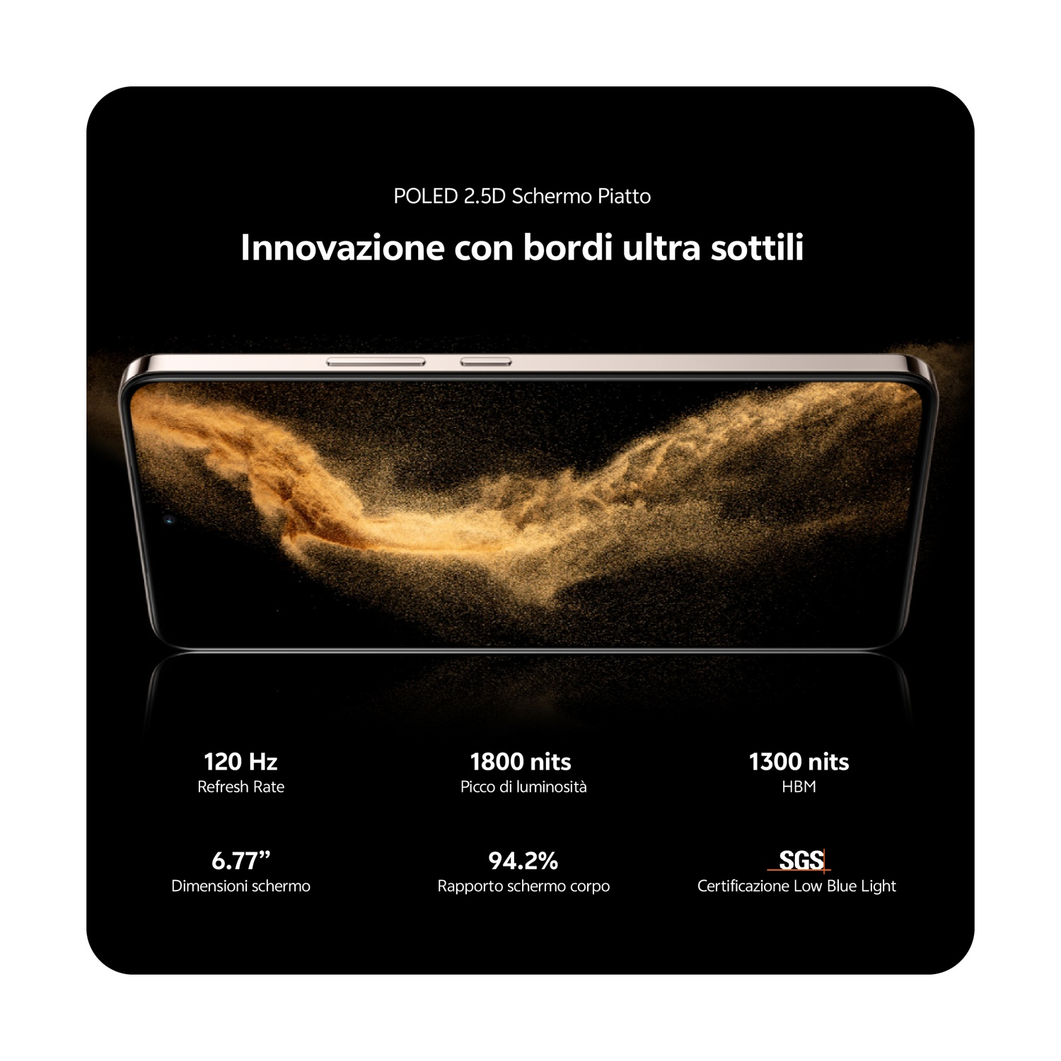 Uno smartphone con schermo curvo, che mostra un design dorato astratto. Specifiche: frequenza di aggiornamento di 120 Hz, luminosità di 1800 nit e rapporto schermo del 94,2%.