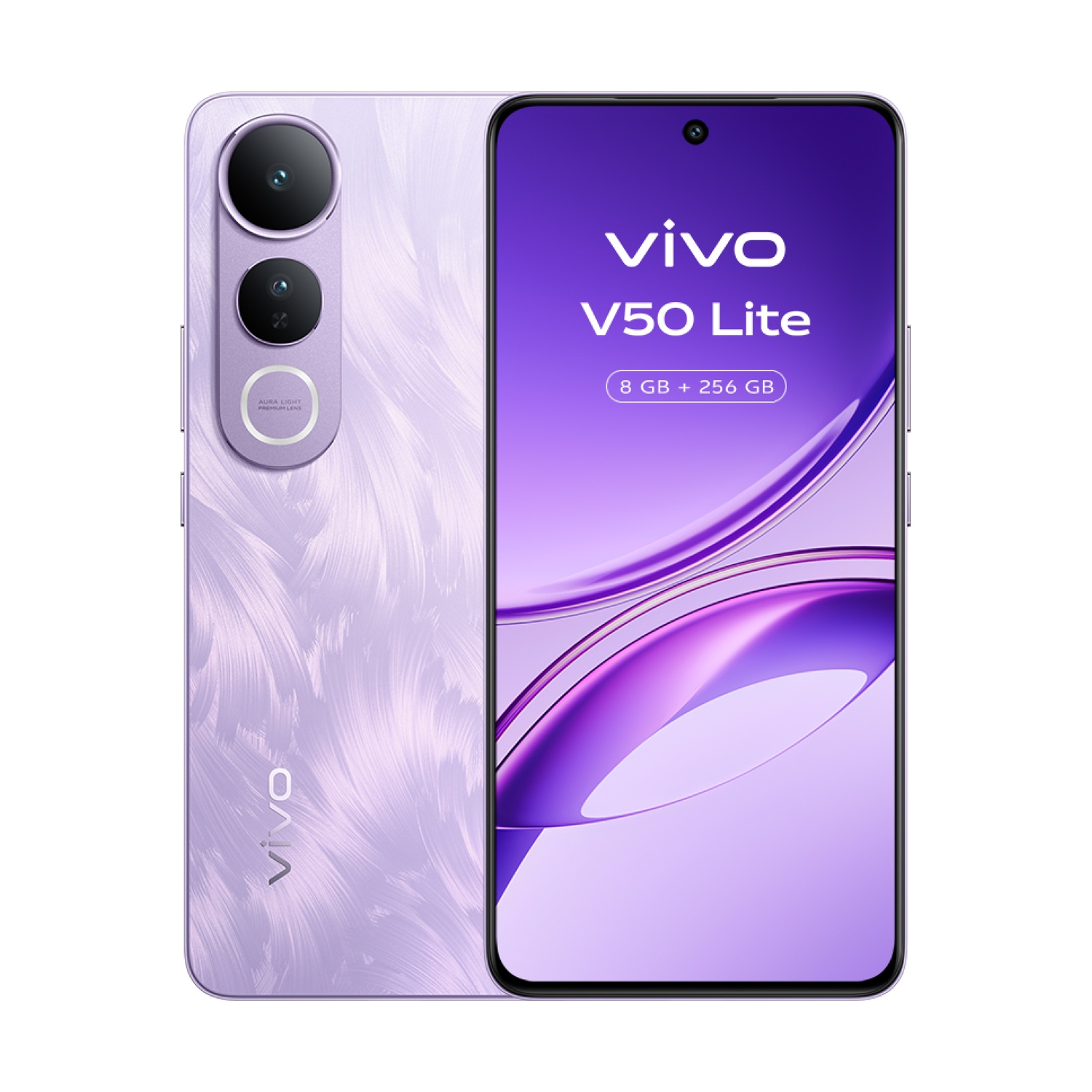 Un telefono viola Vivo V50 Lite. Ha uno schermo a destra e il retro a sinistra. Il retro ha tre fotocamere.