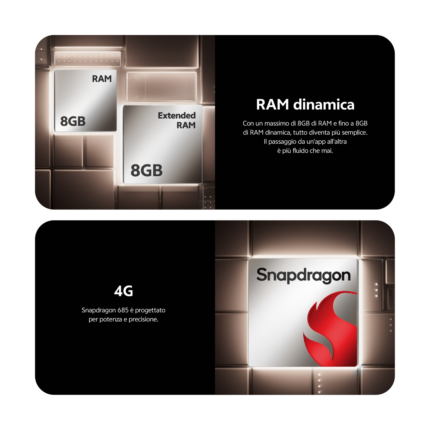 L'immagine mostra i dettagli di RAM e Snapdragon. RAM: 8GB e RAM estesa: 8GB. Logo Snapdragon con turbinio rosso.
