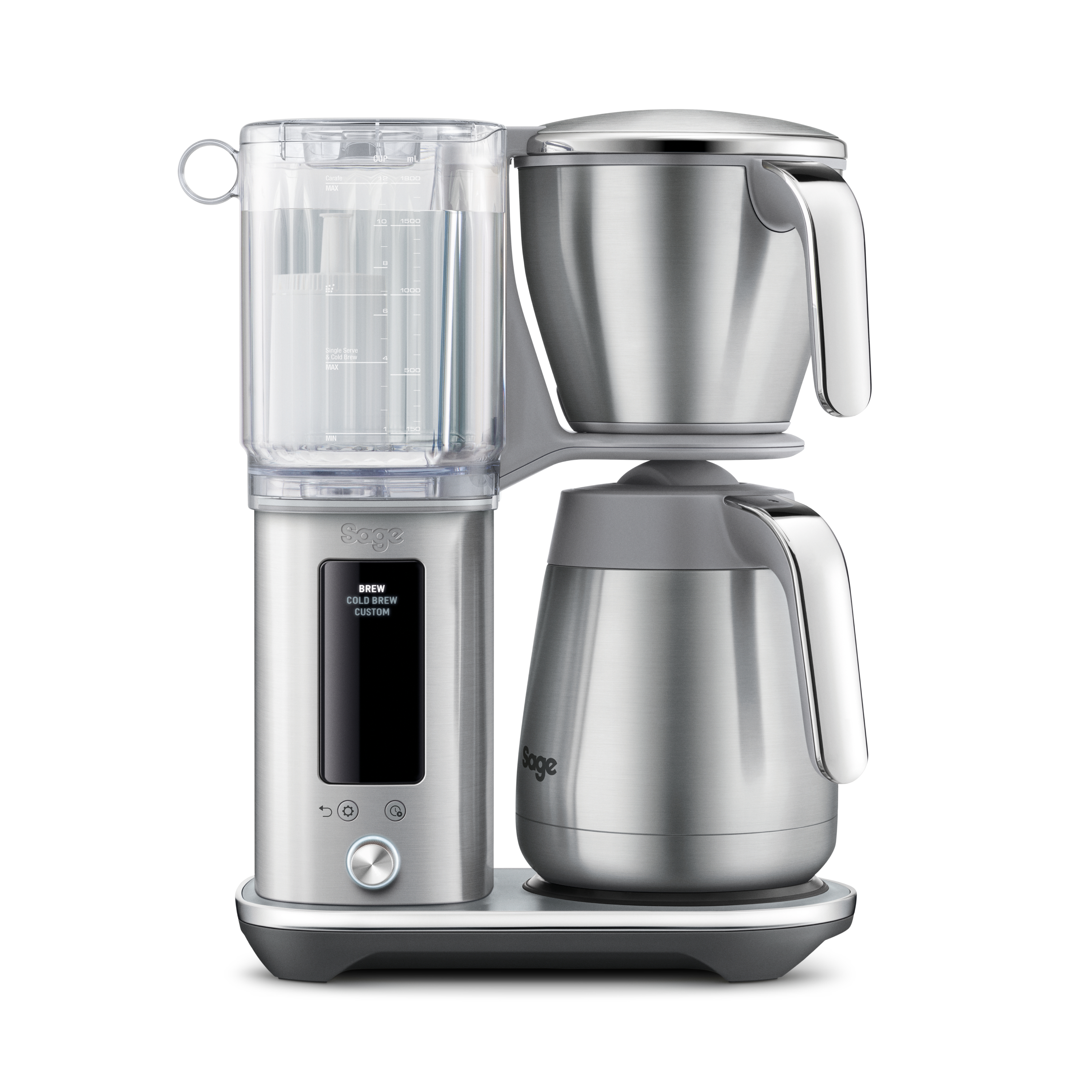 Eine Kaffeemaschine aus Edelstahl mit transparentem Wasserbehälter links und einer Karaffe rechts.