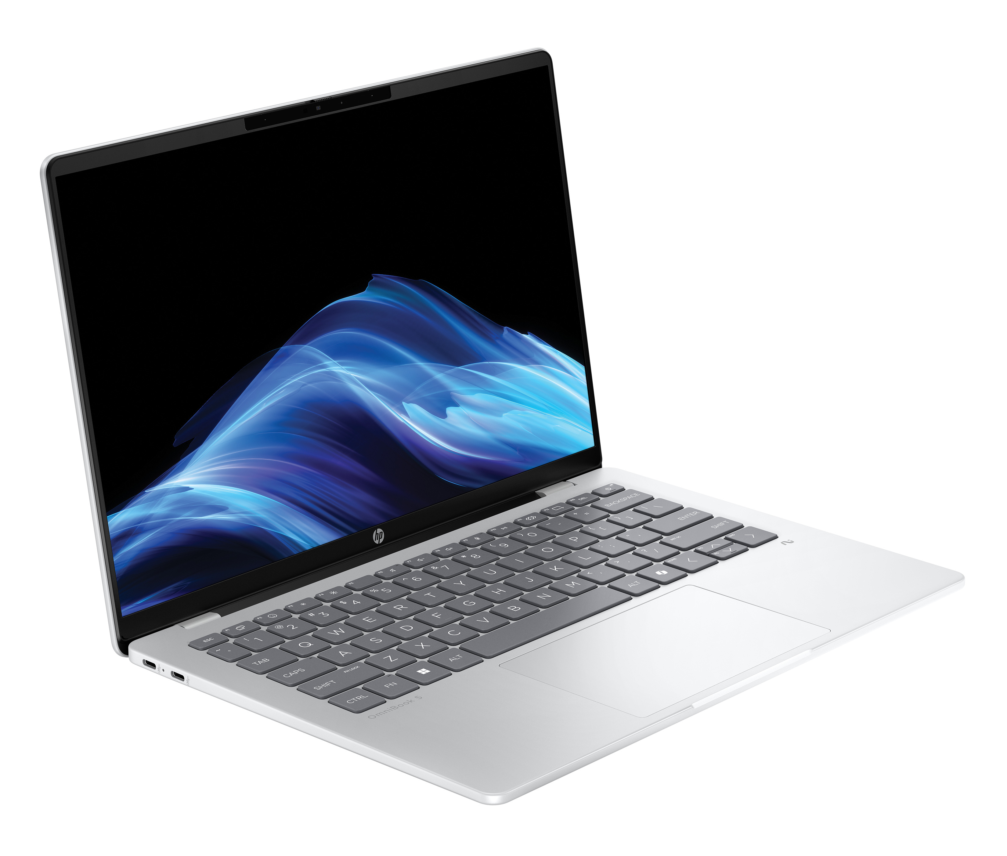 Portátil plateado con pantalla negra que muestra olas azules y blancas. El teclado es gris y el fondo blanco.