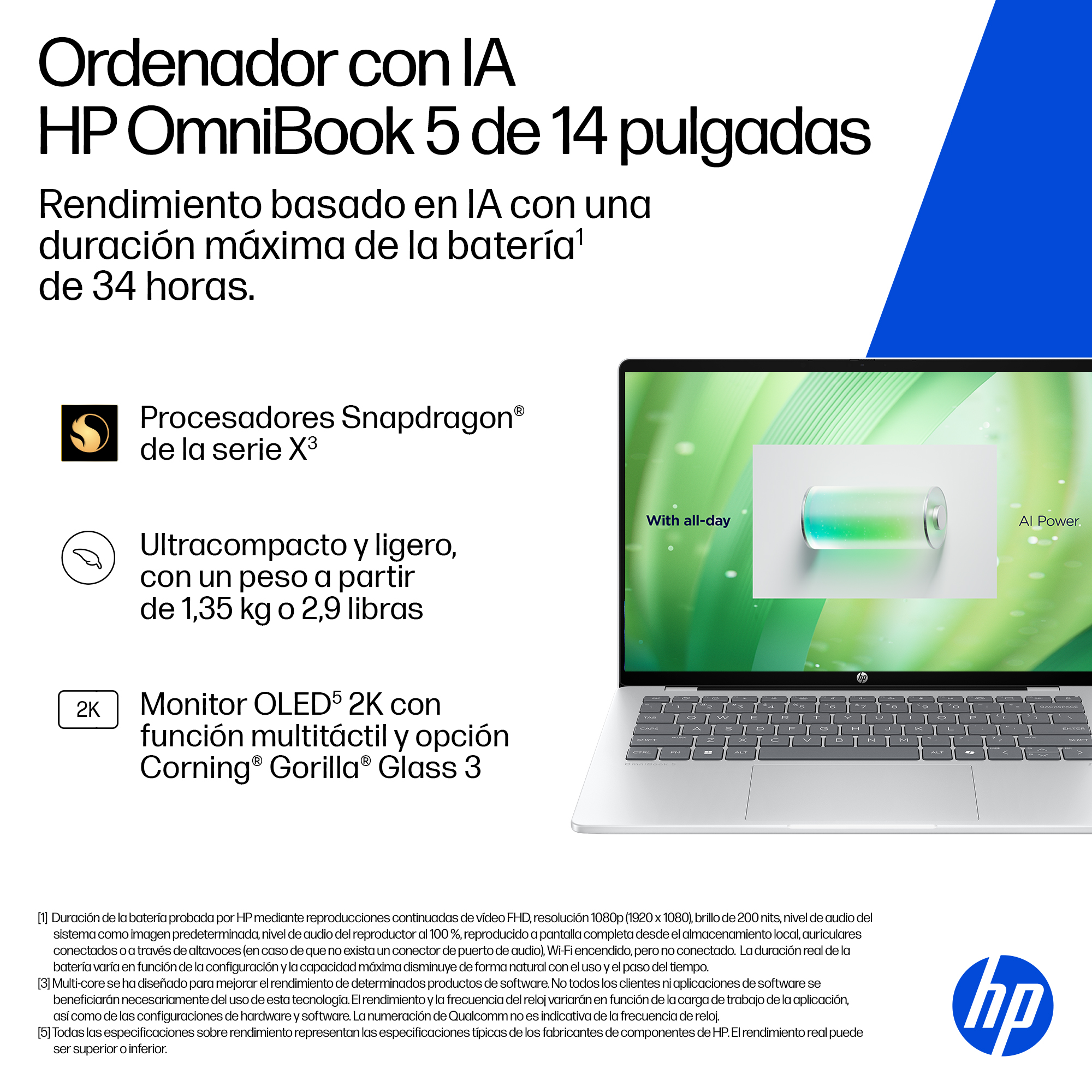 Laptop HP con icono de batería. El texto incluye el nombre del modelo, las funciones y las especificaciones.