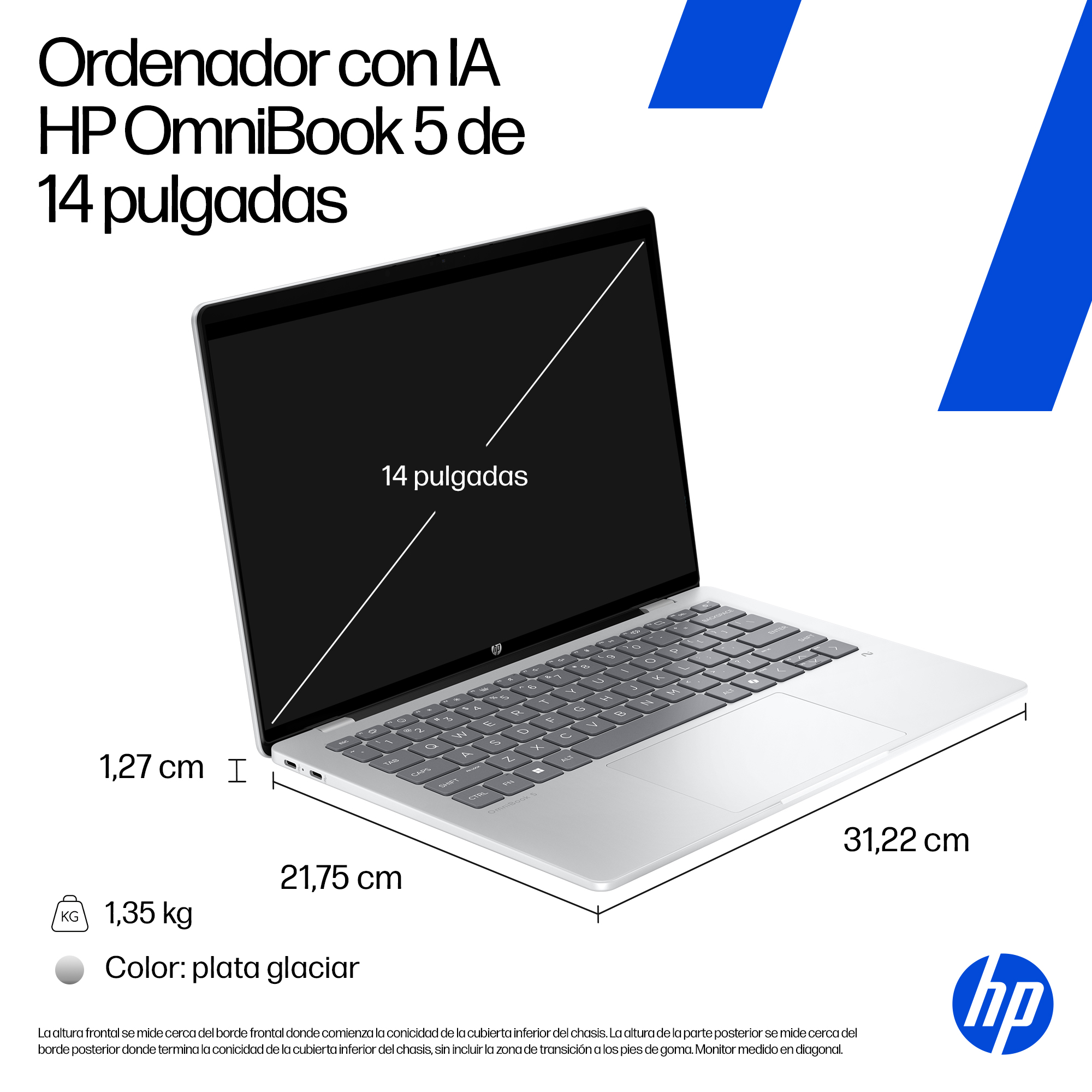 Un portátil plateado HP OmniBook 5 con pantalla de 14 pulgadas. Se muestran dimensiones y peso. Fondo azul y blanco.