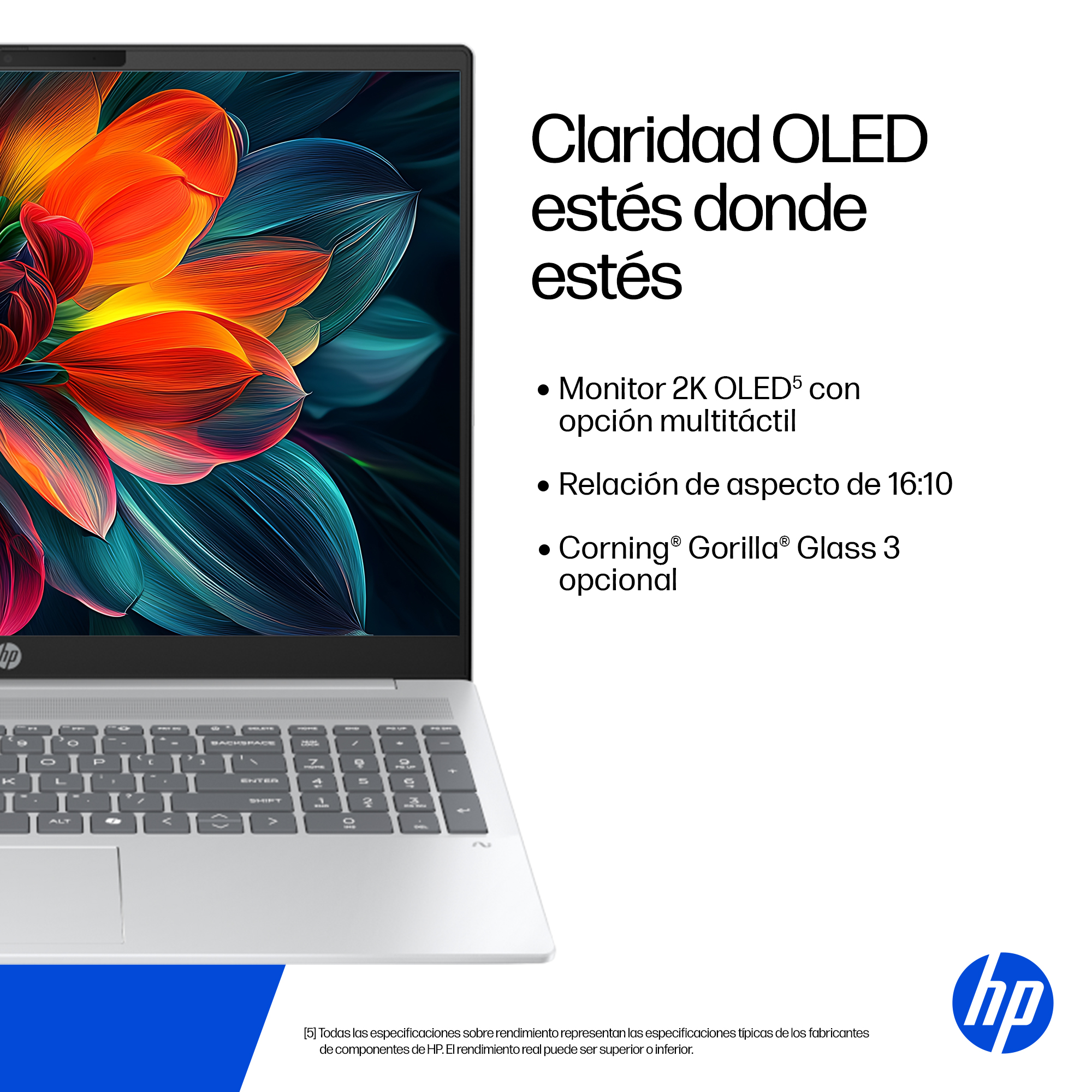 Laptop con pantalla floral vibrante, texto sobre claridad OLED y logo HP. Detalles como 2K OLED y Gorilla Glass.