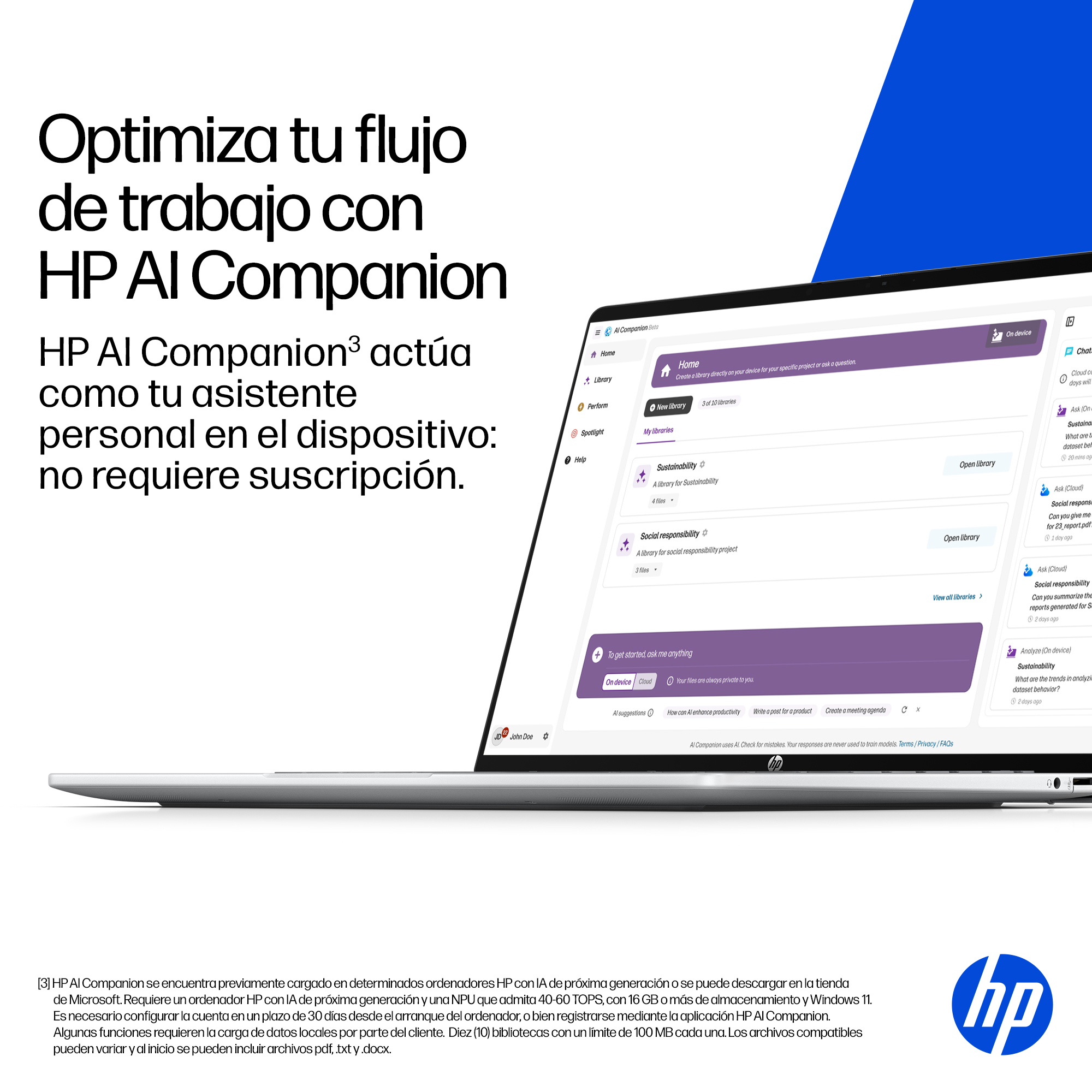 Pantalla de portátil muestra la interfaz de HP AI Companion. Texto y elementos de interfaz púrpuras visibles. Logo HP abajo a la derecha.