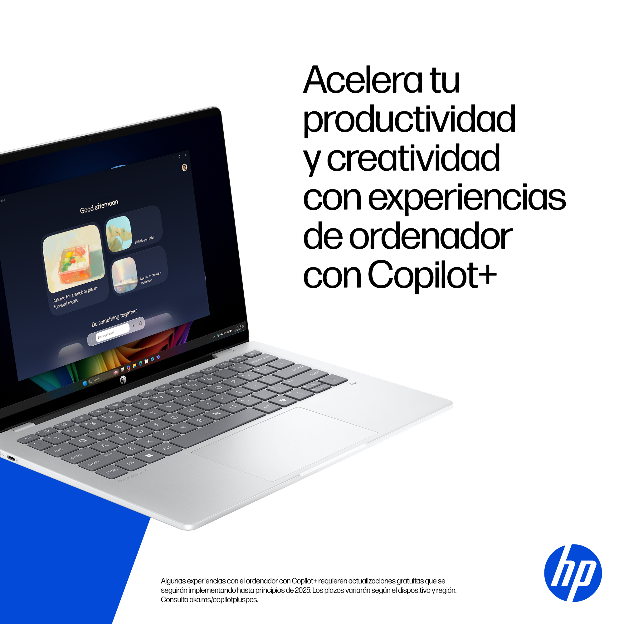 Laptop mostrando funciones de Copilot+. Texto: 'Acelera tu productividad y creatividad con experiencias de ordenador con Copilot+'.