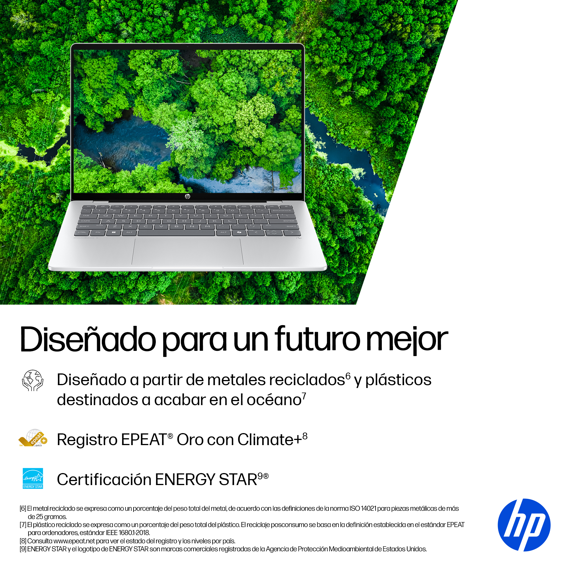 Portátil con escena forestal verde. Texto: materiales reciclados, EPEAT Gold y certificación Energy Star.