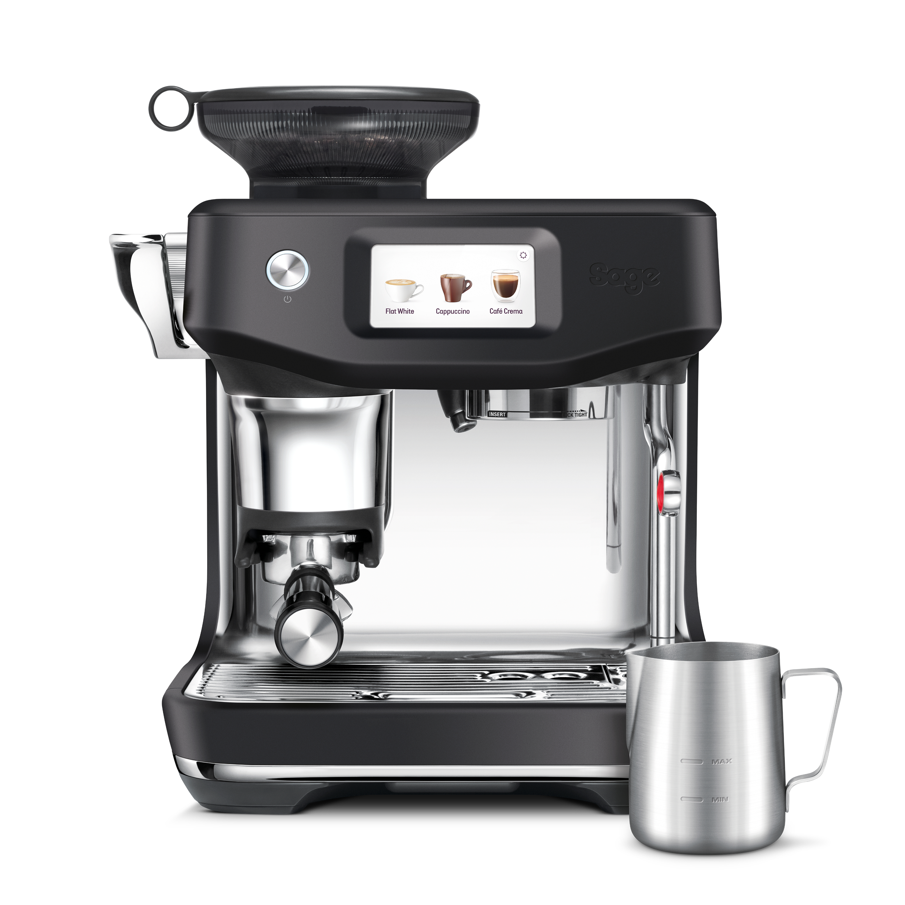 Schwarze und silberne Espressomaschine mit Milchschaumkanne. Sie hat ein digitales Display und Knöpfe für verschiedene Kaffeesorten.