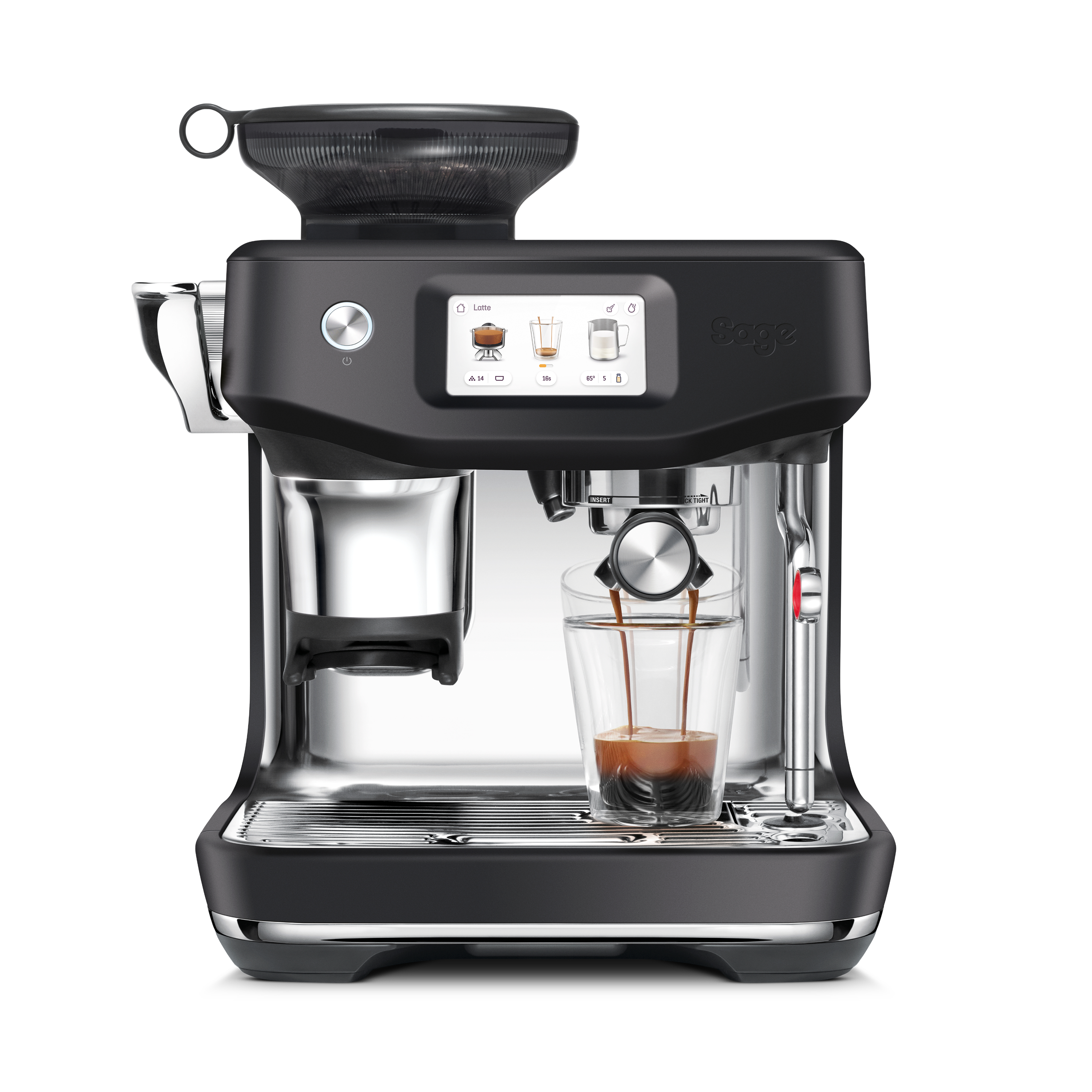 Eine schwarze und silberne Espressomaschine. Kaffee wird in ein Glas gegossen. Ein Bildschirm zeigt Latte-Optionen.