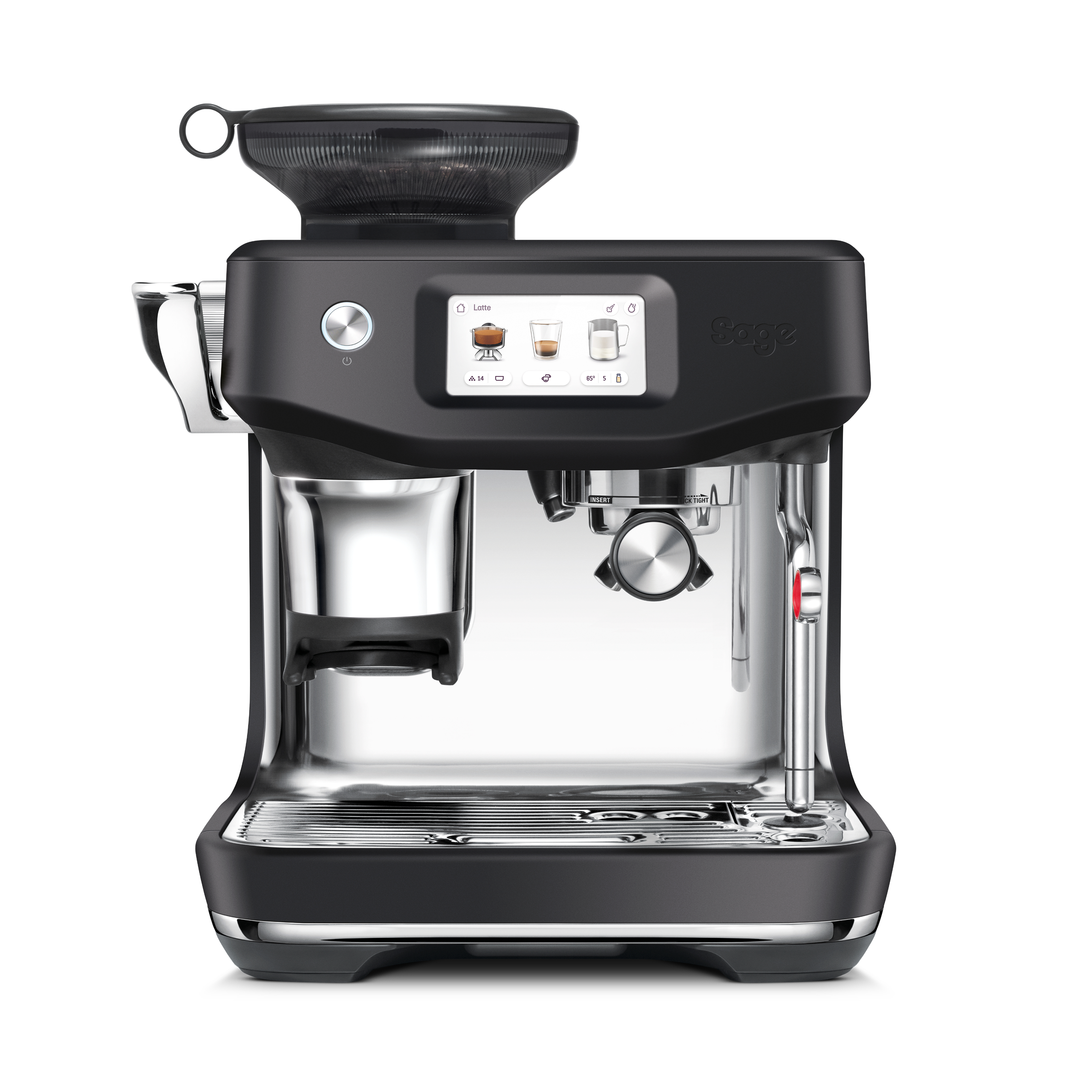 Eine schwarze und silberne Espressomaschine mit digitalem Display, Kaffeemühle und Wasserspender.