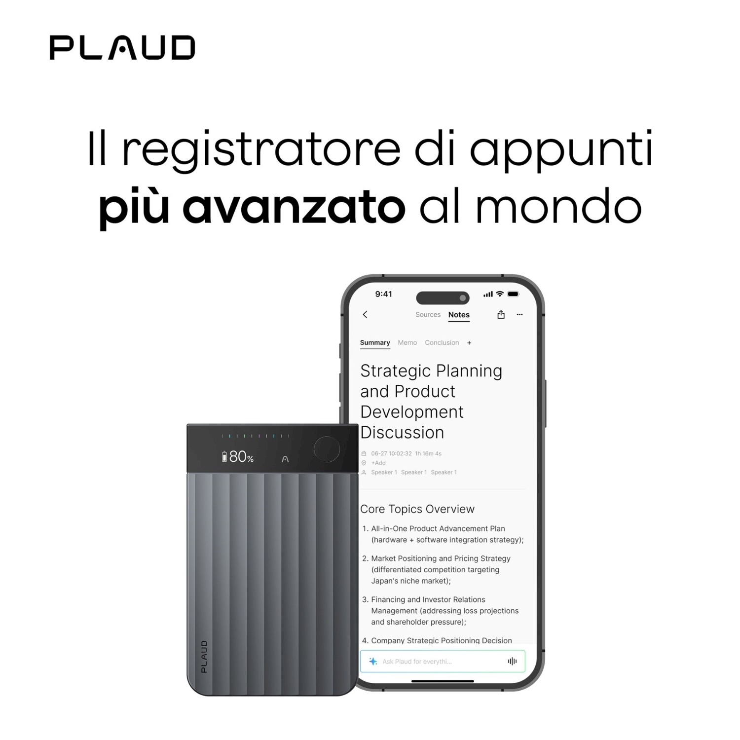 L'immagine mostra uno smartphone con note e un dispositivo. Il testo recita: 'Il registratore di appunti più avanzato al mondo'.