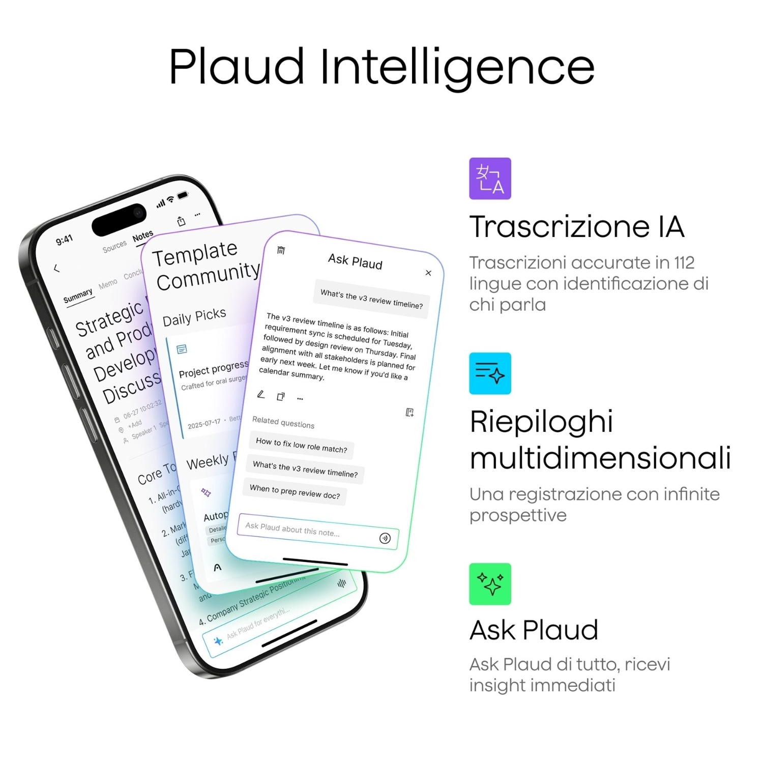 Un iPhone mostra app, con Plaud Intelligence sopra. Funzionalità: trascrizione IA, riepiloghi multidimensionali e opzione 'Ask Plaud'.
